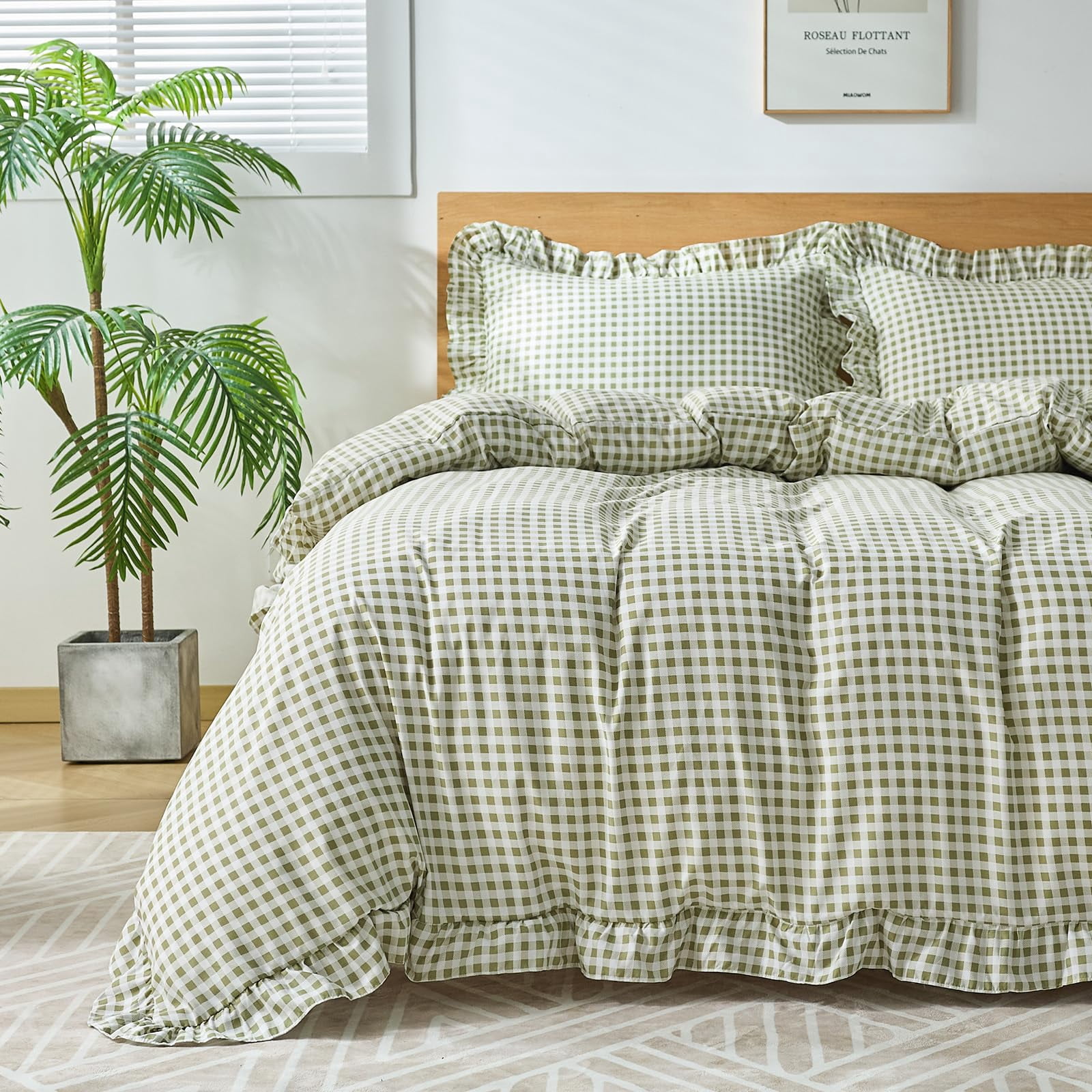 kisswish Gingham Duvet Cover Queen Size, 3 Pieces Soft Breathable Microfiber Plaid Comforter Cover with Zipper Closure & 2 Pillow Shams, Ruffle Farmhouse Vintage Decor,