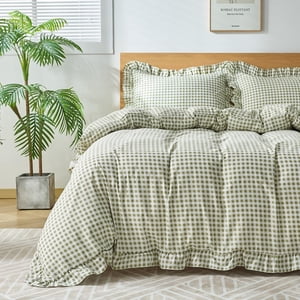 kisswish Gingham Duvet Cover Queen Size, 3 Pieces Soft Breathable Microfiber Plaid Comforter Cover with Zipper Closure & 2 Pillow Shams, Ruffle Farmhouse Vintage Decor,