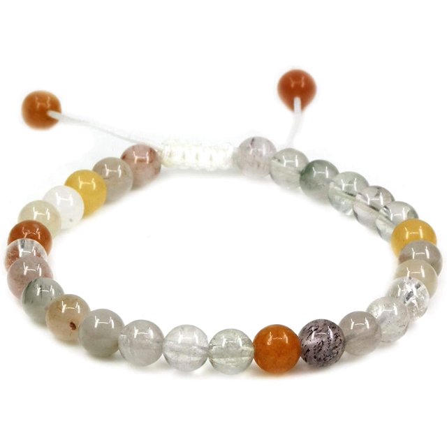 Natural Multicolor Rutilated Quartz Gemstone 6mm Round Beads Adjustable Bracelet 7" Unisex