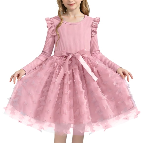 Tauxra Long Summer Dress with Sleeves and Round Neck, Princess Party Dress for Women, Solid Color Mesh Long Sleeve Dress for Special Occasion