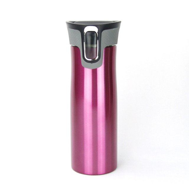 VONKY 550ML stainless steel travel mug in purple with a streamlined cup body and a one-key control lid for easy drinking. Features a double-layer high vacuum design for maintaining heat and cold for up to 24 hours. Made of rustproof stainless steel and food-grade silicone, with a skin-like anti-skid finish.