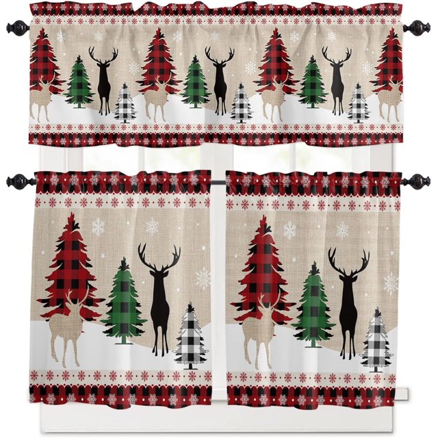 Farmhouse Christmas Kitchen Curtains and Valances Set,Rustic Plaid XMAS Tree Snowflakes Window Treatments Tiers Red Green Black Half/Short Curtains for Small Windows Cafe /Living/ Bedroom 54x24 in