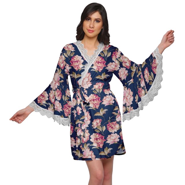 Moomaya Peignoir en Coton pour Femmes Robe de Chambre Imprimée Courte Peignoir de Douche Nuptiale