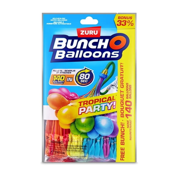 Bunch O Balloons Tropical Party Free Bunch. 140 Rapid-Filling Self-Sealing Water Balloons (3+1 Pack) by ZURU, Water Balloon for the whole Family. Kids, Teens and Adults