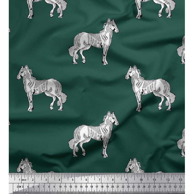 Soimoi Polyester Crepe Fabric Horse Block Printed Fabric 1 Yard 42 Inch Wide