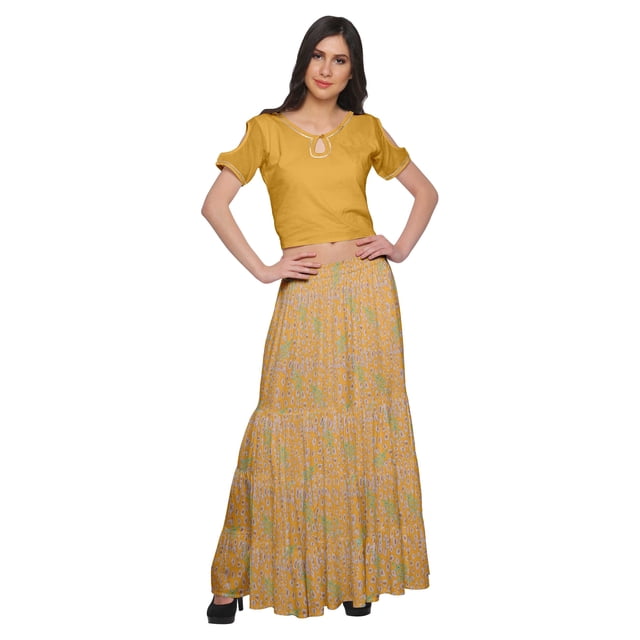 Moomaya Printed Two Piece Flared Skirt And Crop Top Rayon Ethnic Set For Girls