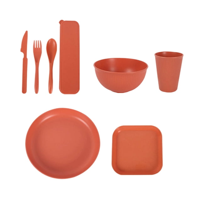Straw Tableware Set 8 Piece – Eco Friendly Plates, Bowls, Forks, Knives, Spoons – Lightweight Portable Dining Set for Camping, Picnic, Outdoor Use, Microwave and Dishwasher