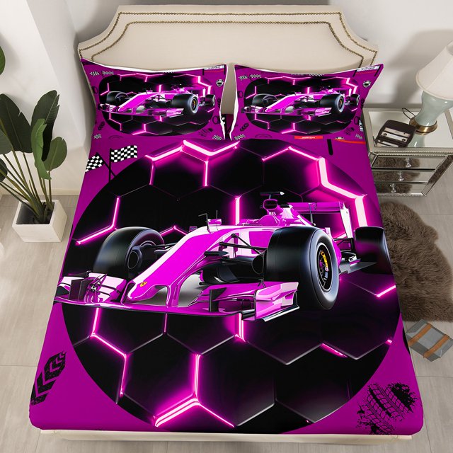 YST Purple Race Car Bed Sheets Queen Neon Honeycomb Racing Car Games Bedding Set For Kids Boys Girls,Racing Helmet Wheel Checkered Flag Fitted Sheet Soft Breathable Fitted Bed Sheets
