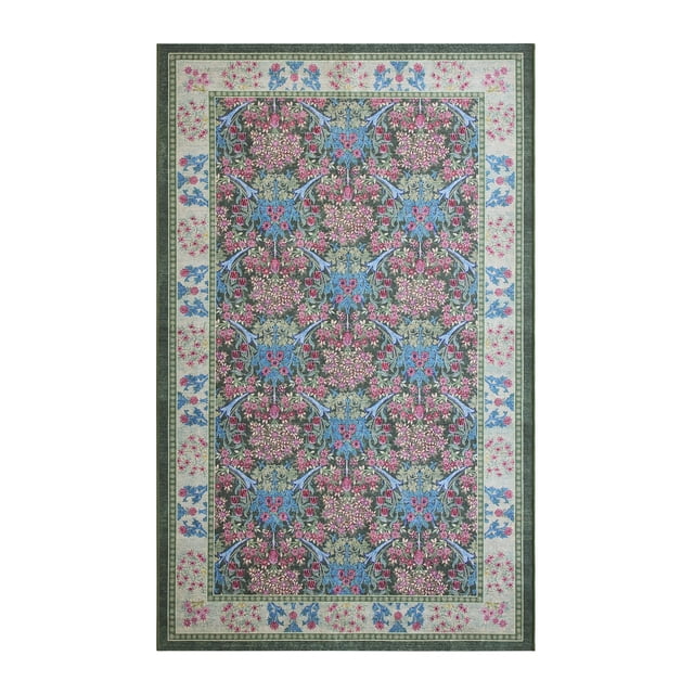 Better Homes & Gardens Tapis 5X8 Hannah à Motif Floral Fluide Vert avec un Motif Floral Complexe en Rose et Bleu sur un Fond Vert Doux, Bordé d'Un Cadre Floral Ivoire, Fait de 100 % polyester avec Endos TPR Antidérapant, Idéal pour Salons et Chambres.