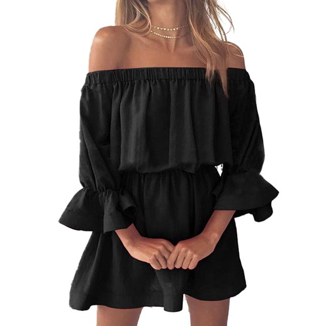 Women Dress Off Shoulder Solid Color 1 3 Clothing Ruffled Sleeve Fall Dress, Black, XL