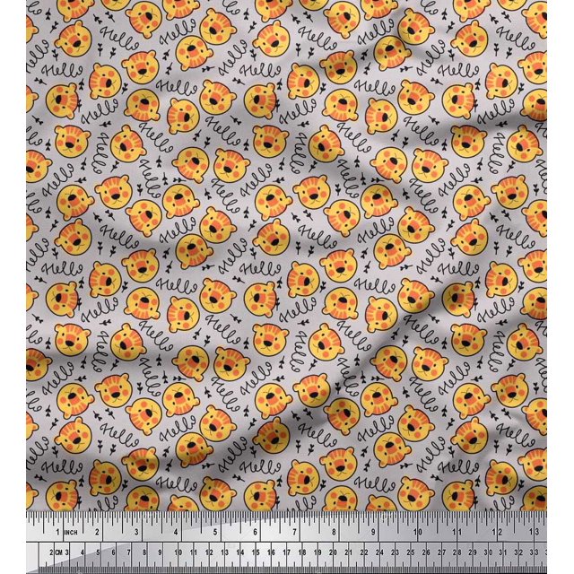 Soimoi Cotton Cambric Fabric Text & Tiger Face Cartoon Printed Fabric 1 Yard 56 Inch Wide