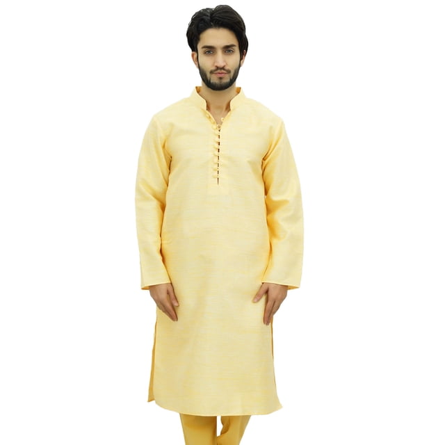 Atasi Ethnic Men's Long Kurta Yellow Bollywood Designer Shirt Wear-Large