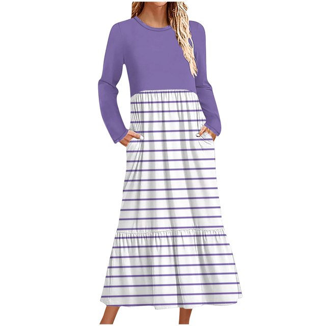 cfhntfmh Robes Maxi pour Femmes Automne Col Rond Manches Longues Robe Rayée Robe Tendance à Blocs de Couleur Robe de Détente avec Poches