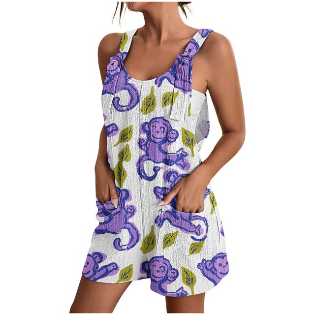 Pisexur Combinaison Casual Plus de Taille pour Femmes Summer Floral Sans Manches en Vrac Réglable Spaghetti Sangle Short Extensible d'Une Seule Pièce avec Poches S-3XL