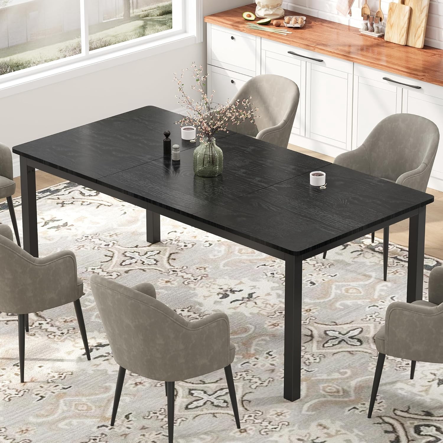 79" Industrial Dining Table, Large Rectangle Kitchen Table with Metal Legs, Round Corners, Wooden Conference Tables Writing Desk for Dining Room, Living Room, Classic Black