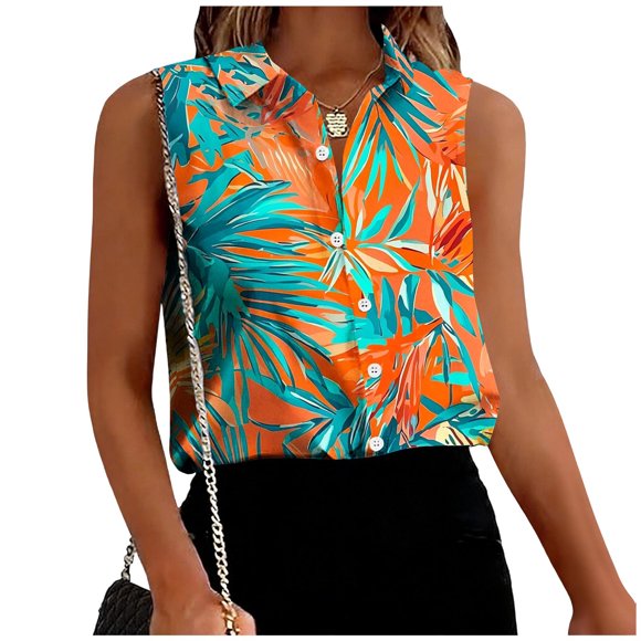 Dazajoo Casual Sleeveless Tops for Women Summer Casual Funny Print Collared Button Down Tank Top Plus Size Elegant Stretch Business Office Work Blouses Multicolor,XXXL