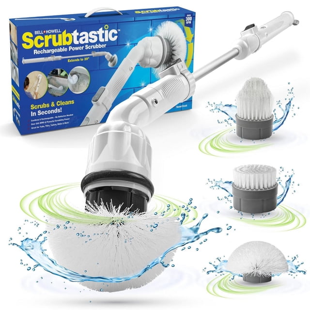 Bell + Howell Scrubtastic Rechargeable Power Scrubber with extendable handle up to 39 inches and 3 interchangeable brush heads—cone, flat, and round—for bathroom, tile, and kitchen cleaning. This cordless scrubber spins at 300 RPM to remove grime and soap scum efficiently.