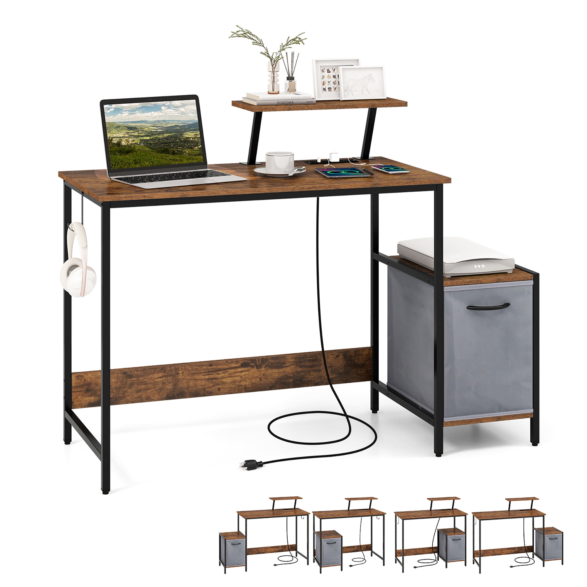 Gymax Computer Desk w/ Charging Station Office Desk w/ Reversible Fabric Drawer