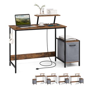 Gymax Bureau d'ordinateur avec bureau de recharge avec tiroir en tissu réversible