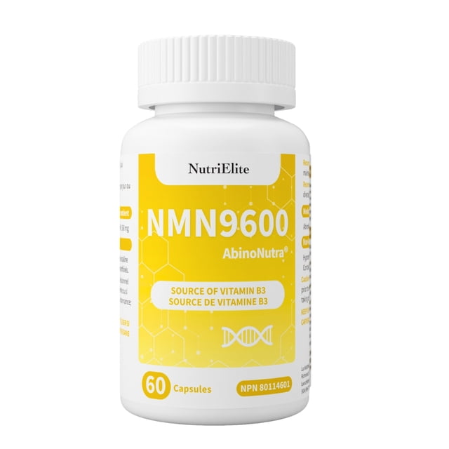 Nutri Elite NMN 9600 Bouteille Contenant 60 capsules de Nicotinamide Mononucléotide (NMN), une source premium de Vitamine B3. Soutient les Niveaux de NAD+, la production d'Énergie et la Santé Cellulaire. Idéal pour une Fonction Métabolique Équilibrée et un Vieillissement en Santé. Fabriqué au Canada avec des Ingrédients Propres. Classé dans la Catégorie Suppléments de Vitamine B et de Biotine.