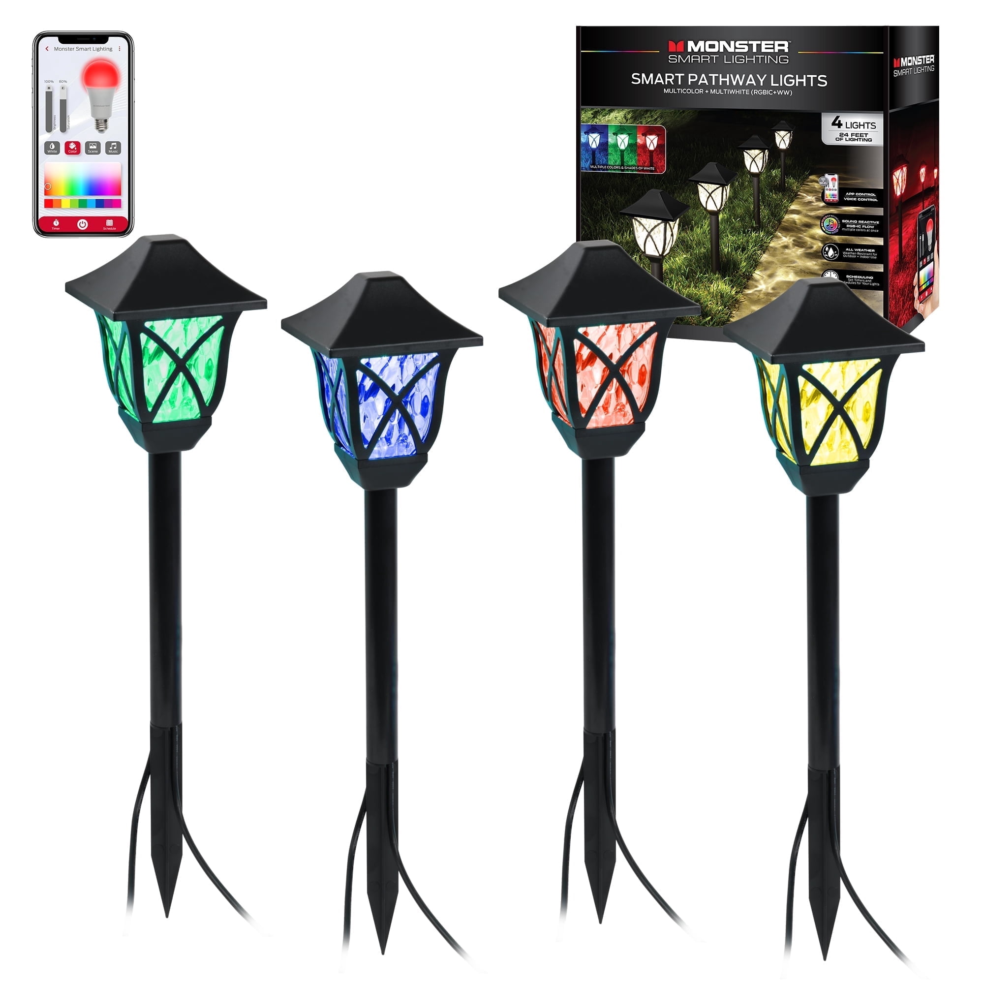 Ensemble de 4 lumières de sentier DEL multicolores et blanc multi Monster Smart, résistantes à l’eau, contrôle vocal et appli Wi-Fi, câble de 24 pi