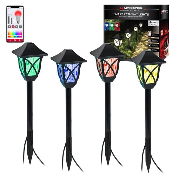 Monster Smart 4-Pack Water-Resistant Traditional Multicolor & Multiwhite LEDs Pathway Lights, Voice & Wifi Mobile App Control, 24ft Corded Electric Total Length