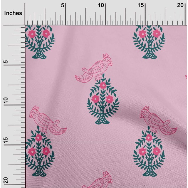 oneOone Polyester Lycra Fabric Leaves|Bird & Floral Block Decor Fabric Printed BTY 56 Inch Wide