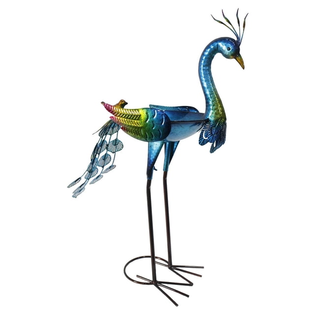 Angelo Décor 25-inch Metal Peacock Birdbath / Feeder with a blue and green metal peacock sculpture featuring detailed feather patterns and a shallow bowl for bird bathing or feeding, supported by slender black metal legs with a circular base, suitable for garden or patio.