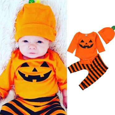 Newborn Baby Girls Boys Long Sleeve Halloween Pumpkin Romper Bodysuit +Long Stripe Pants Hats 3Pcs Outfit Set
