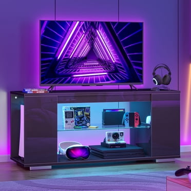 Pinmoco Meuble Télé de 47 Pieds' pour Téléviseurs jusqu'à 55 Pouces, Centre de Divertissement de Jeu avec Lumières DEL, Noir