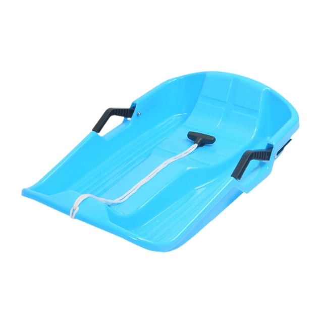 Siruishop Snow Sled for Child Ski Board Toboggan Sleigh Snow Scooter in blue, made from durable HDPE material. Features two black grip handles for stability and a pull rope for easy portability. Designed for winter activities like sledding and skiing, as well as grass and sand sliding. Dimensions are 65 cm x 40 cm x 13 cm (25.59 inches x 15.75 inches x 5.12 inches).