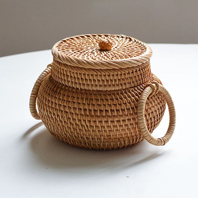 Handmade Woven Rattan Storage Basket with Lid Multipurpose Organizer Box Decorative Wicker Bin for Kitchen Shelf Desktop Picnic Food Bread Keys Entryway Living Room Bedroom Bathroom Decor