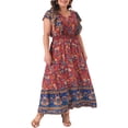 thumbnail image 4 of GRACE & GRANDEUR Robe Grande Taille pour Femmes, Robes Bohèmes à Fleurs, Col en V, Manches à Volants, Robe Évasée d'Été pour la Plage 4X Rouge, 4 of 6