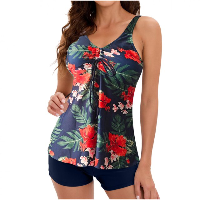 TopLLC Women Tankini Swimsuit Flower Print Ruffle Hem Tummy Control Bathing Suit Plus Size Swimwear for Women