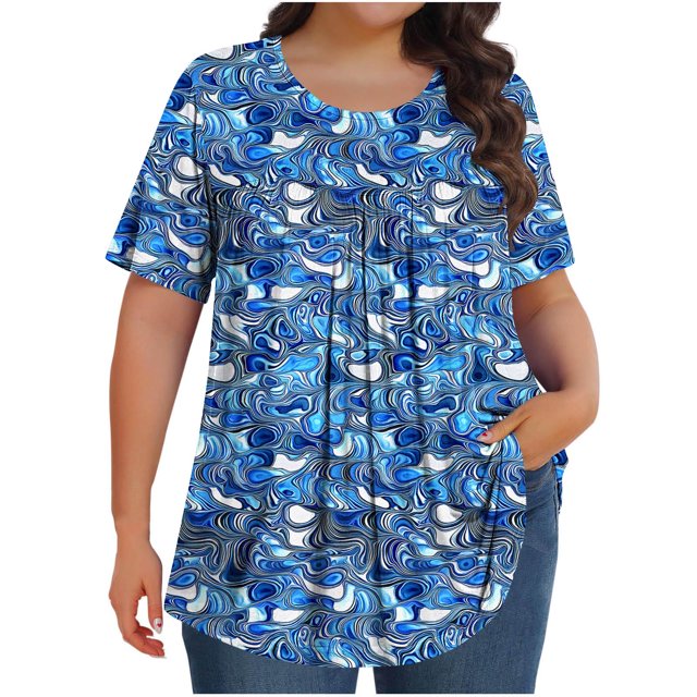 Pisexur Hauts de Printemps pour Femmes Blouses pour Femmes Décontractées Mode Féminine Imprimé Col Rond Manches Courtes Plissé Ample Multicolore, 4TG