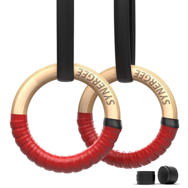 Synergee Wood Gymnastic Rings – 1.25" Rings with Straps and Grip Tape