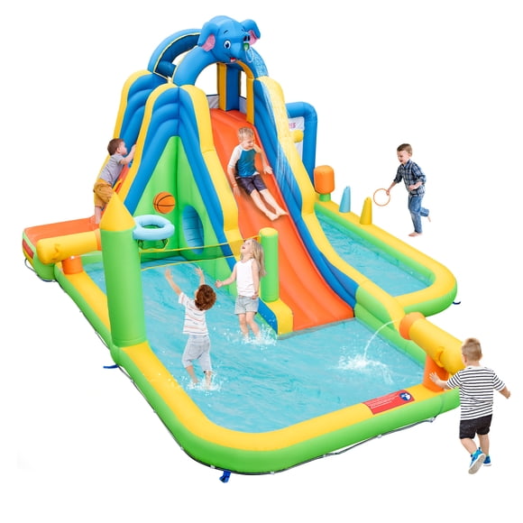 Patiojoy Glissoire Aquatique Gonflable 9-en-1 Parc Aquatique Gonflable pour Enfants avec Éclaboussures, Mur d'Escalade, Pistolets à Eau, Lancer de Basketball