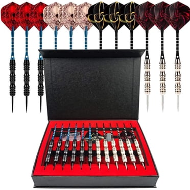 Ensemble de 12 Pcs Fléchettes à Embout avec Fléchettes en Acier de Haute Qualité, Aiguille Dure, Ensemble de Fléchettes Professionnel avec Boîte, Meilleur Cadeau, Sport Intérieur, Vols + Aiguiseur de Fléchettes + une Boîte Cadeau