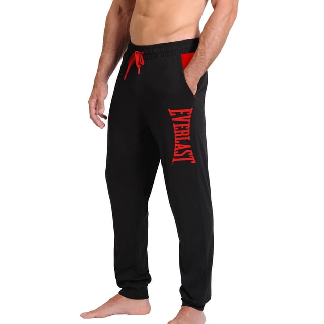 Everlast jersey pajama pant in black with red adjustable drawstring and side pocket accents, featuring a relaxed fit and vertical red Everlast logo on the left leg, made from soft, breathable 100% cotton fabric suitable for lounging, sleeping, or light activities.