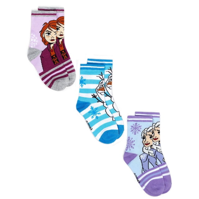 Frozen 2 Printed Socks Three-Pack for Girls featuring three pairs of cotton socks with Disney Frozen characters Anna, Olaf, and Elsa. Designs include purple socks with Anna and snowflakes, blue and white striped socks with Olaf and snowflakes, and lavender socks with Elsa and snowflakes. Made with 30% recycled fabric for comfort and sustainability.