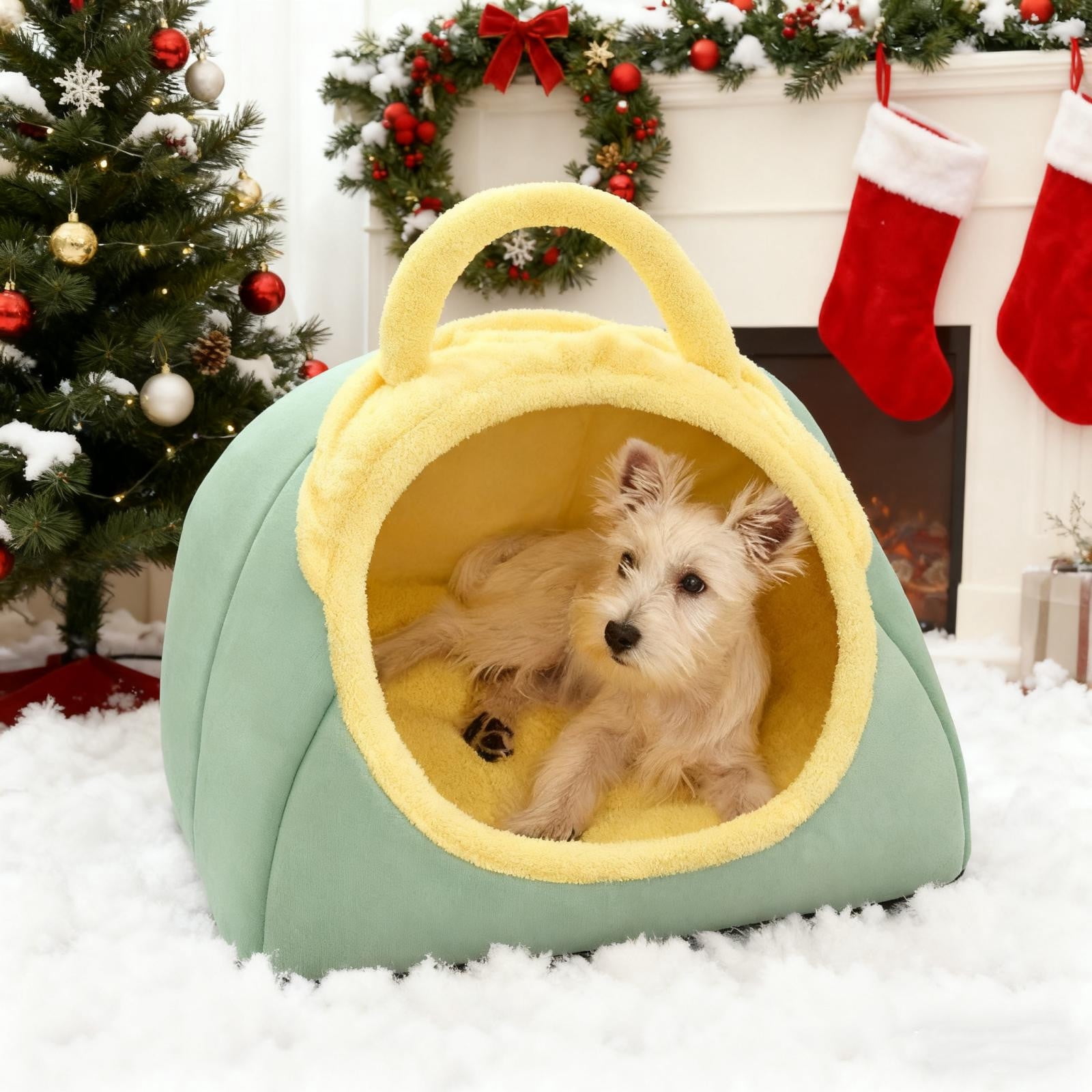 UsRHHA Semi-Enclosed Pet Bed with Removable Cover, Foldable Dog House for Indoor Use, Warm Cat Bed with Washable Cushion for Winter