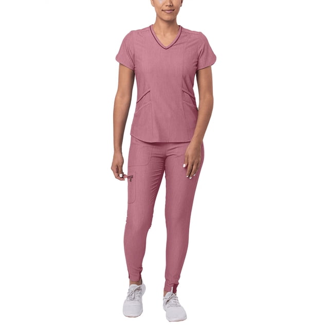 Adar Pro Heather Modern Athletic Scrub Set For Women - Modern V-Neck Scrub Top & Yoga Jogger Scrub Pants