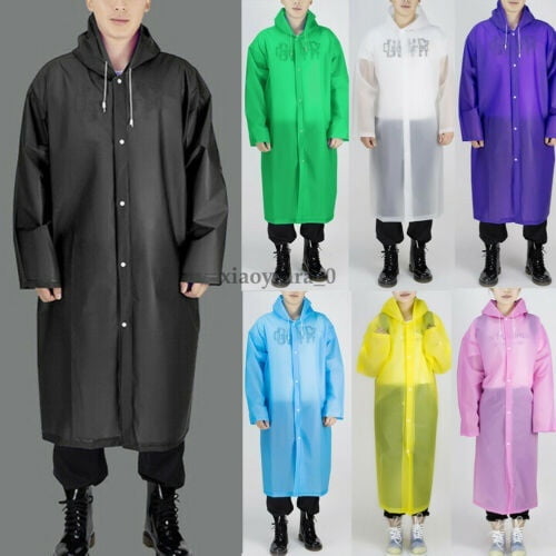 US Mens Womens Long Waterproof Jacket Rain Coat Hooded Button Raincoat Outdoor EVA One-Piece Raincoat