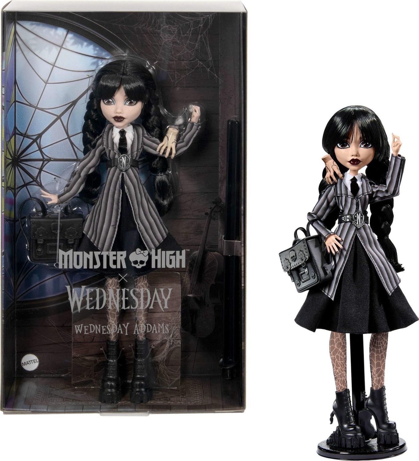 Monster High Mercredi Addams en Uniforme Poupée à collectionner dans l’uniforme de l’Académie Nevermore avec La Chose et un sac à dos, socle pour poupée