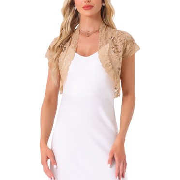 INSPIRE CHIC Women's Halloween Lace Cardigan Open Front Elegant Short Sleeve Sheer Floral Cropped Bolero Lace Shrug Top S Khaki