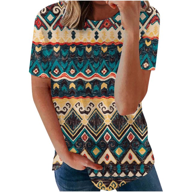 SMihono Hauts pour Femmes Été Décontracté Mode Confortable Col Rond Manches Courtes Imprimé Blouse T-shirt Oversize pour Femmes 2023
