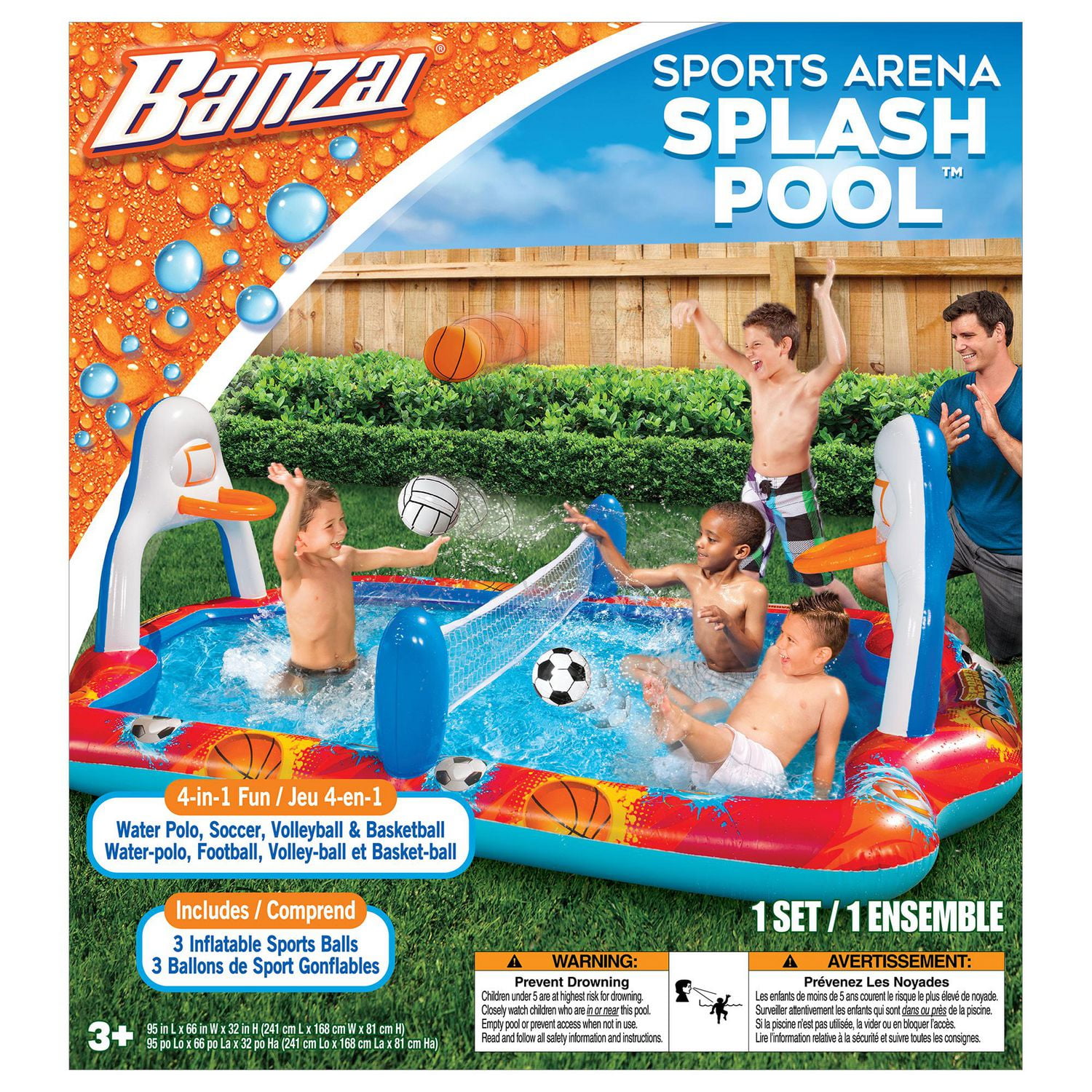 Banzai Sports Arena Splash Pool 4-In-1 Water Play Kids Outdoor Games Inflatable, Ages 3+