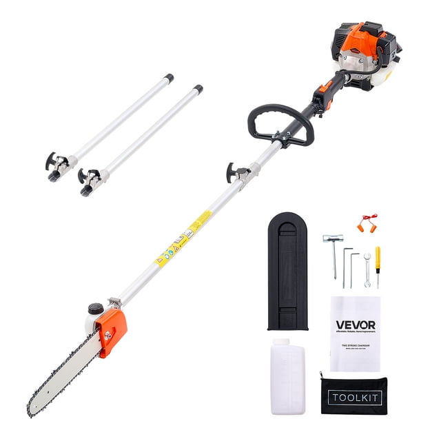 VEVOR Scie à Perche à Essence 25CC 2 Temps Extensible Sans Fil Taille-Arbre avec une Barre de Coupe de 12 Pouces, Illustrée avec Ses Composants Incluant Deux Perches d'Extension, un Couvercle de Scie à Chaîne, une Marmite à Mélanger, une Trousse d'Outils, des Bouchons d'Oreilles et un Manuel d'Utilisation. la Scie à Perche Comprend un Moteur à Essence 25CC 2 Temps, une Longueur de Perche Réglable de 7 à 12 Pieds, et une Conception Légère pour L'Élagage et l