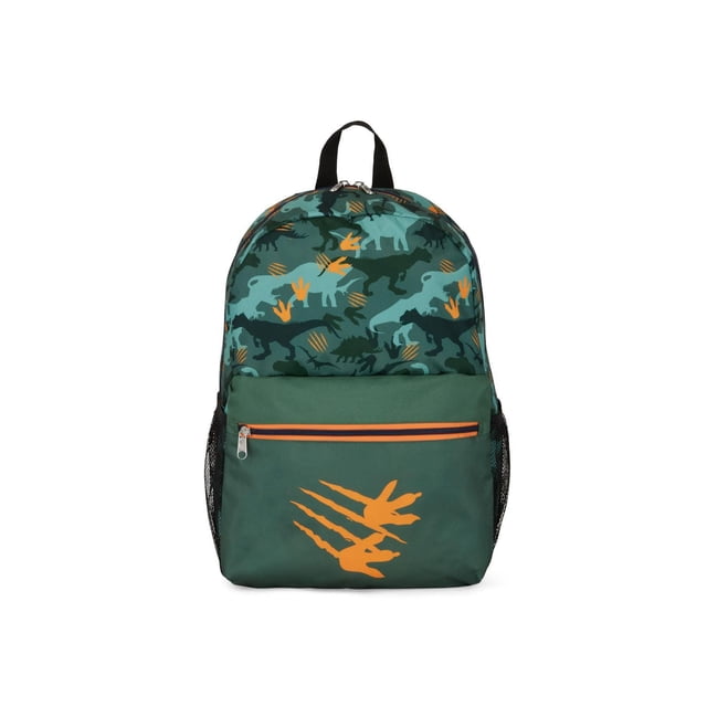 Bondstreet Backpack for boys with main compartment in green 300D polyester featuring teal and dark green dinosaur patterns, orange claw mark design on the front zippered pocket, side mesh pockets, padded back, and adjustable shoulder straps, ideal for school use.