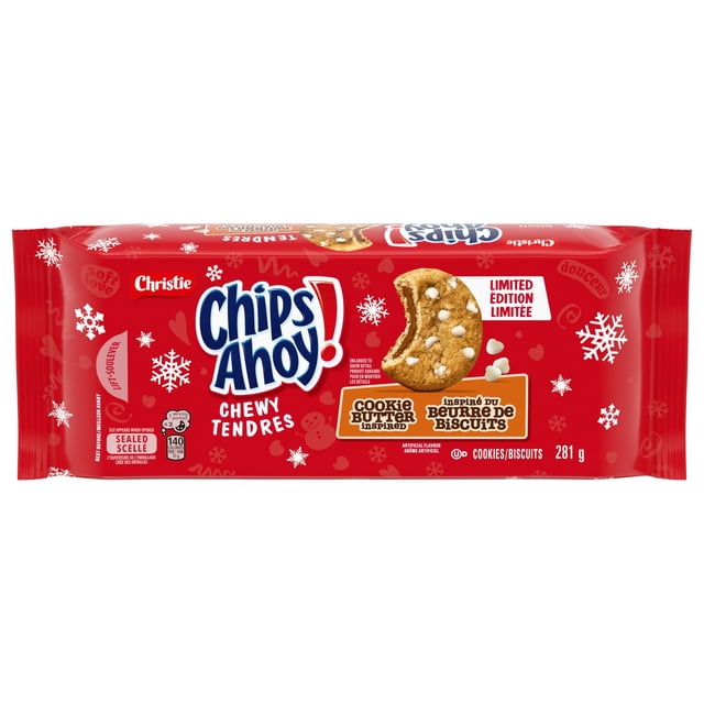CHIPS AHOY! Chewy Biscuits au Beurre de Biscuits Édition Limitée en Emballage Rouge des Fêtes avec Motifs de Flocons de Neige, Présentant un Biscuit Mou et Chewy Rempli de Beurre de Biscuits et de Croustilles Blanches, Lot de 281 g Convenant pour Partager Ou comme Gâteries de Fête.